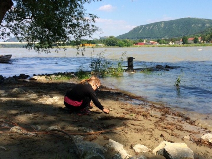 Det er altid sjovt at lege i vandkanten. Donau. Østrig